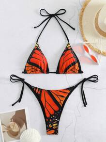 2pcs/Set Sexy Butterfly Lace-Up Backless Bikini Swimsuit, Beach Holiday Summer