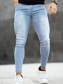 Men Clothes 1pc Men Skinny Distressed Denim Jeans, Elastic Breathable Casual Cargo Pants With Pockets, Solid Color Suitable For Urban Walking, Family Outdoor Activities, All Season
