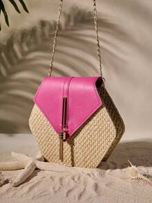 Tropiscape 六边形编织草编斜挎包，带流苏装饰，营造度假氛围，适合休闲放松、海滩度假、秋季圣诞节、冬季圣诞节等场合，是理想的圣诞礼物之选。 - 玫紅色 - 查看 2