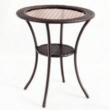 Mesa de centro redonda de ratán y mimbre con tapa de vidrio, estructura de acero y estante inferior para muebles de patio - 1 - Ver 3