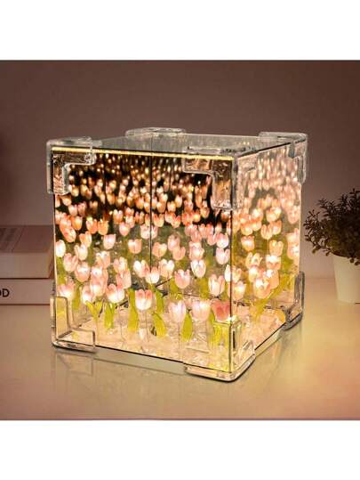 Lámpara de espejo con cubos de tulipán DIY con talla grande de 30 luces de noche de tulipán hechas a mano, lámpara mágica de tulipán para decoración de mesa en dormitorio o sala de estar, regalo de cumpleaños perfecto para mamá, pareja o amigos, regalo perfecto de Navidad (DIY, no es un producto terminado)