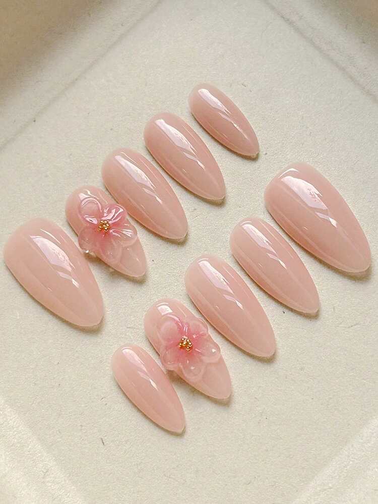 10Pieces Press On Nails Almond Shape Fake Nails New Cute 3D Flower Press On Nails Design With Adhesive Nail File Set Nail Supplies Nails - Pink - View 3