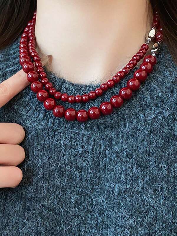 1 pieza Collar de cuentas de vidrio redondo rojo estilo chino vintage Ankelar, collar gargantilla minimalista (puede haber una ligera diferencia de color entre el producto real y la imagen debido a la iluminación y el ángulo de la fotografía)