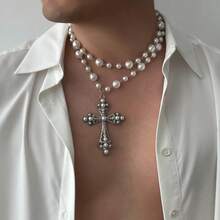 1 Pc Charm Elegant Multi-Layer Imitation Pearl Choker Necklace For Women Jewelry Accessories Goth Jesus Cross Pendant Necklace Party Jewelry Decoration Collar Birthday/Engagement/Holiday Gifts Everyday Jewelry, Elegant Accessory - 黑色 - 查看 4