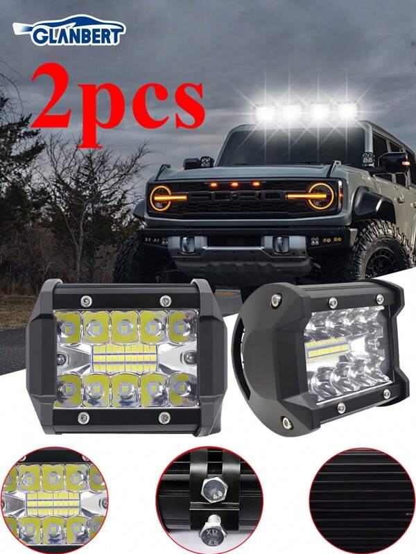 GLANBERT 2pcs Car LED Work Light 60W 3 Row 20LED Spotlight 12-24v Waterproof White High Brightness External Work Light