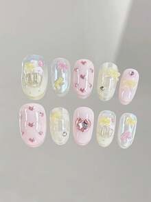 10 件可爱女孩心形蝴蝶结美甲甜美蛋糕手工可穿戴指甲贴，甜美粉色少女椭圆形指甲贴片按压指甲美甲用品