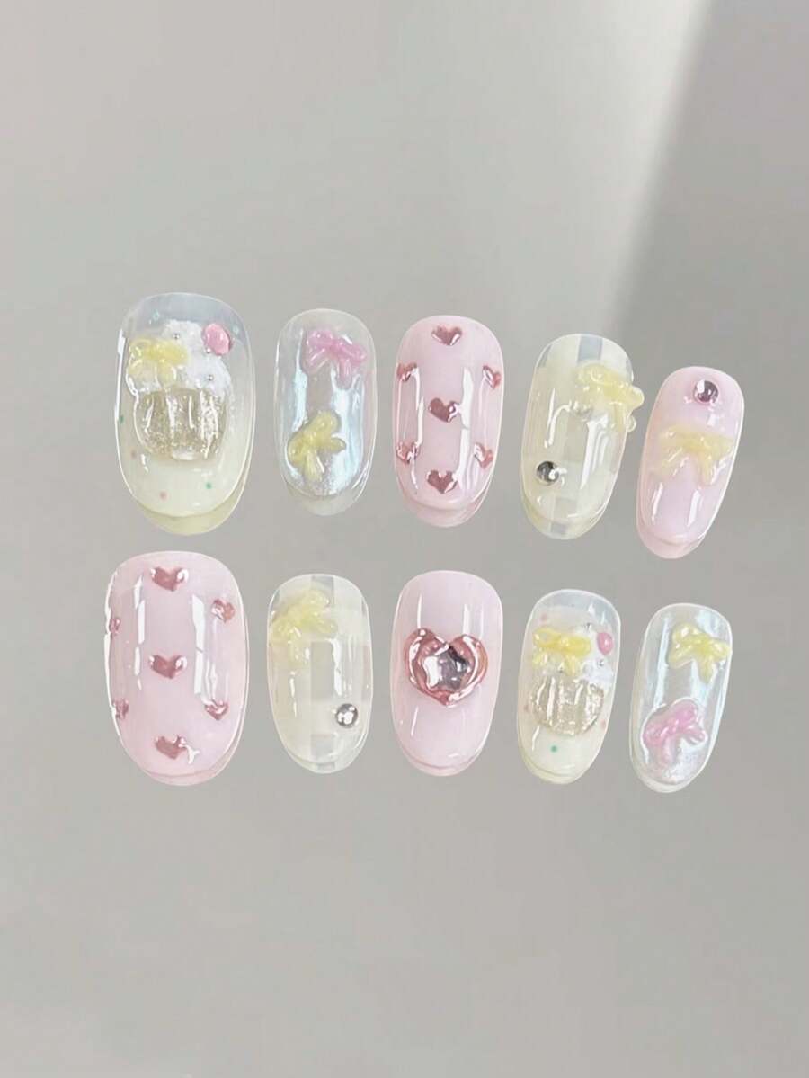 10 件可爱女孩心形蝴蝶结美甲甜美蛋糕手工可穿戴指甲贴，甜美粉色少女椭圆形指甲贴片按压指甲美甲用品