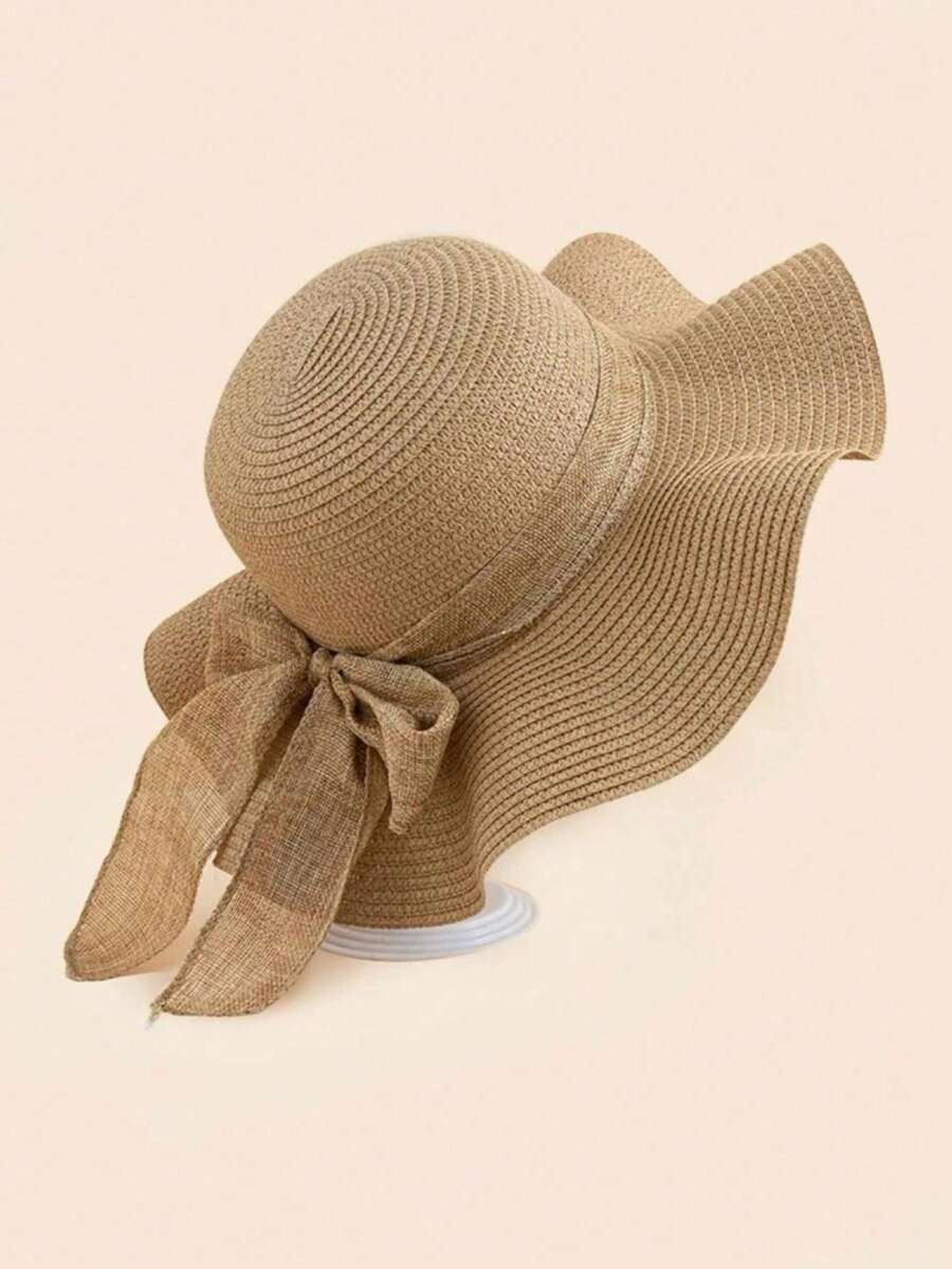 1顶女士春夏波浪帽檐系带遮阳帽，适合海滩、旅行或度假，波西米亚风格 - 彩色 - 查看 1