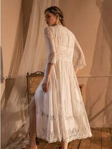 UPVV Women Maternity Photoshoot Gown White Bridal Robe Lace Nightgown Lingerie Robe Sleepwear For Honeymoon  Plain  Sheer  Split Thigh  Elegant  Romantic  Casual-Young  Lace  Half Sleeve  Long  Lace Robe - trắng - Xem 6