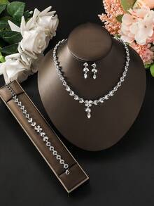 4pcs/Set Bridal Earrings, Leaf & Teardrop Necklace Jewelry Set For Wedding Dress, Party - Multicolor - View 6