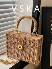 Borsa da vacanza con motivo quadrato minimalista alla moda, borsa quadrata retrò piccola, nuova borsa intrecciata casual e alla moda, borsa a spalla, borsa a tracolla, borsa a mano