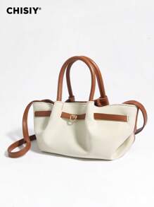 CHISIY Handmade Fashion White With Brown Minimalist Style Tote Bag, Suitable For Business, Casual, Shopping And School, Strap Decor, Metal Accessories, Shoulder Strap, Crossbody, Perfect For Daily, Party And Travel, Lightweight, Vintage Charm, Elegant Personalized, Versatile For Any Occasion, Showcasing Unique Fashion Taste