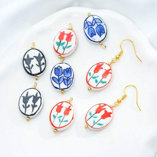 2 قلادة سيراميك بتصميم زهور التوليب مزخرفة يدويًا من الجانبين، إكسسوار ديكوري سيراميكي، مكونات قلادة / أقراط / سلسلة مفاتيح DIY مبتكرة