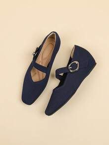 Women's Square Toe Low-Top Knit Breathable Mary Jane Buckle Adjustable Solid Color Casual Hidden Wedge Heel Pumps, Suitable For Petite Women, All Season Wear - Blue - View 2