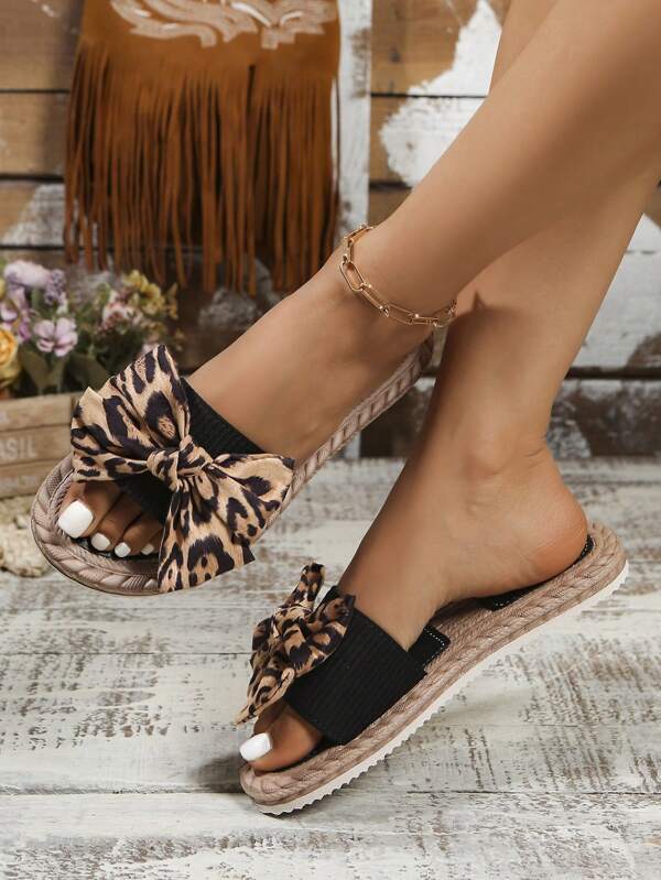 女士蝴蝶结装饰平底凉鞋，圆头夏季一脚蹬鞋，防滑沙滩鞋，轻便女士凉鞋