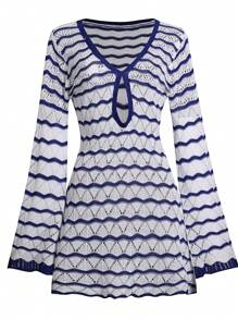 Women Fashion Long Sleeve Striped Contrast Color Knit Coverup Beach Dress, Vacation Style