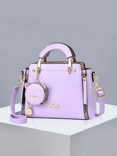 Letter Decorated Handbag With Cute Cat Coin Purse, Fashionable Mini Crossbody Bag, Fashionable Shoulder Bag For Women , Purple