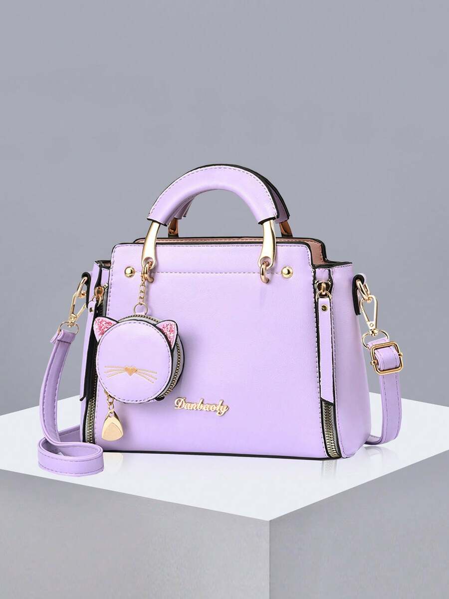 Letter Decorated Handbag With Cute Cat Coin Purse, Fashionable Mini Crossbody Bag, Fashionable Shoulder Bag For Women , Purple - Purple - View 1
