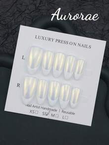 10 piezas/set de uñas postizas de forma almendrada de longitud media, color blanco perla sólido y blanco aurora, estilo minimalista francés con brillo, iluminadoras, hechas a mano, adecuadas para uso diario y fiestas, suministros para uñas - Blanco - Ver 8