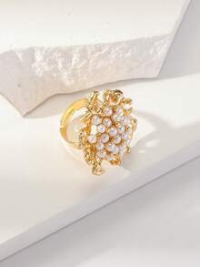 1pc Fashionable Adjustable Exaggerated Pearl & Rhinestone Flower Ring - WR1128 White - View 3