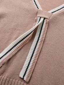 Women V-Neck Contrast Color Long Sleeve Knitted Sweater Top, Versatile For Work Wear, Crochet Knit Top, Office Wear For Women - Khaki - View 5