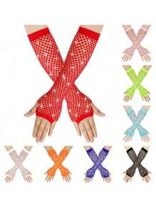 1 Paar sexy lange Strass-Handschuhe, elastische Fischnetz Halbfinger Cut Out ausgearbeitete Handschuhe für Auftritte
