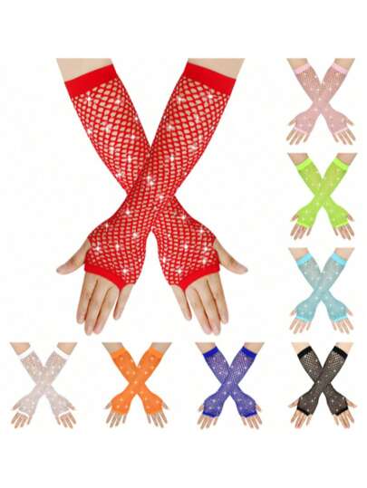 زوج قفازات طويل مثير مرصع بالراين ستون، قفازات أداء ذات أصابع نصف مفتوحة مطاطية شبكية مجوفة