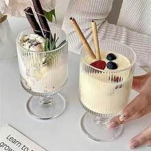 6件/4件/2件/1件玻璃条纹高脚杯，玻璃杯，咖啡杯，甜点/冰淇淋杯，大容量，耐热耐寒，适用于厨房、餐厅和咖啡厅 - 透明 - 查看 6