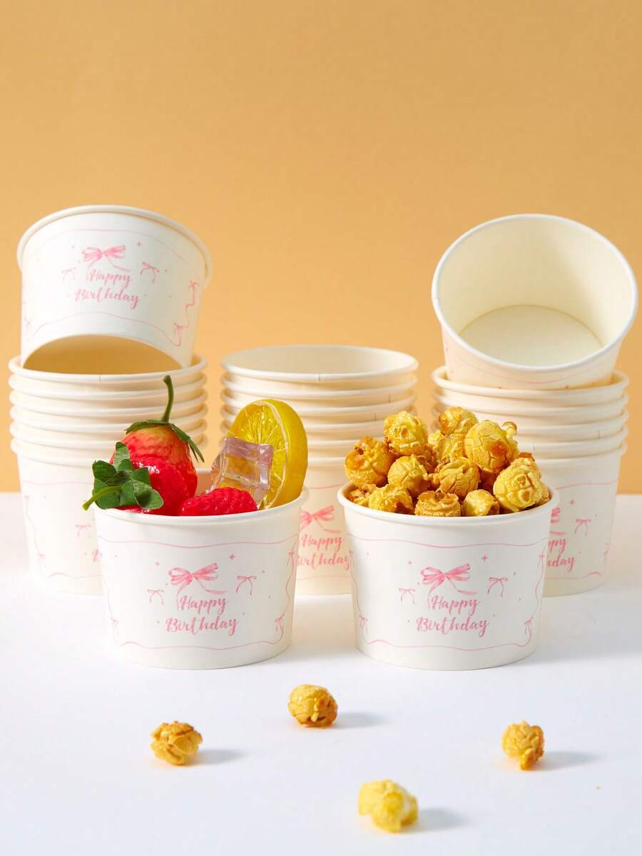 10/25个一次性蝴蝶结主题纸碗，白色底色蝴蝶结“生日快乐”纸碗，零食盒，生日派对、家庭聚会、野餐、餐厅、外卖一次性餐具