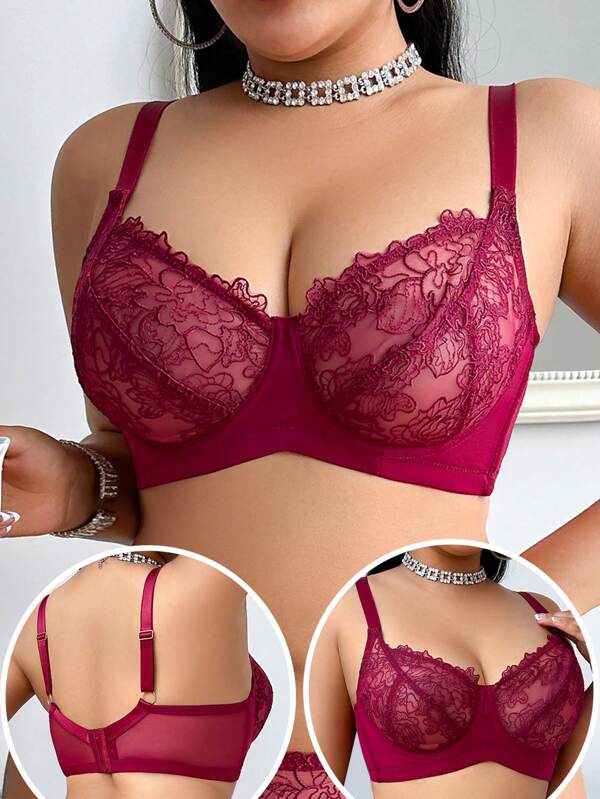 Plus Size Women Lace Trim Comfortable Underwire Support Full Coverage Lingerie Bra