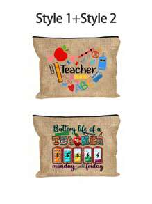 Bolsa de maquillaje con estampado de "Maestro" como regalo de aprecio al maestro, monedero de lino caqui, bolsa de cosméticos con forro y sin cierre - perfecto para educadores y personal escolar, regalo de agradecimiento al maestro, accesorios casuales y elegantes para salidas, vacaciones, viajes diarios, bolsa de cosméticos, regalo de cumpleaños para mamá, amiga