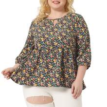 Women's Plus Size Tops 3/4 Sleeves Babydoll Chiffon Keyhole Floral Flowy Tops Blouses Shirt - Navy Blue - View 1