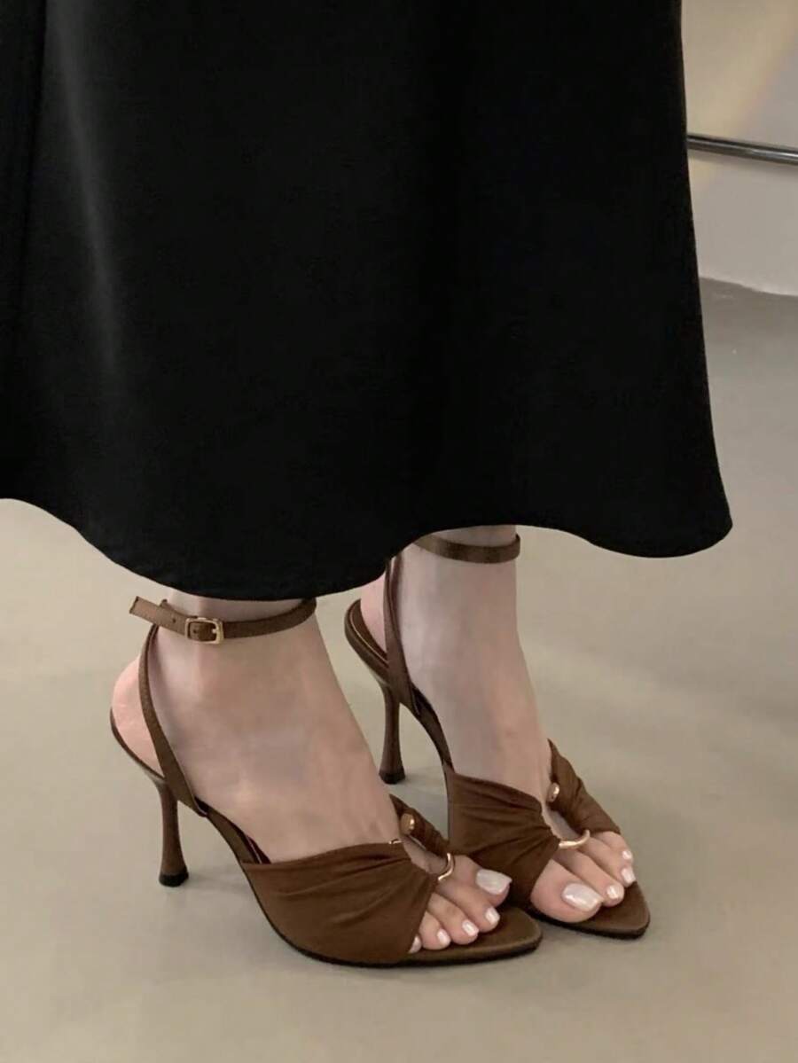 2025 Summer New Pointy Toe High Heel Slippers, Pleated Metal Buckle Design, Sexy Skinny Heel Women Shoes - Brown - View 1