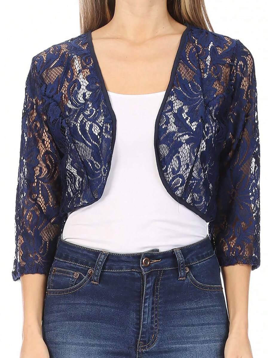 Casual Lace Bolero Crochet Cardigan With 3/4 Sleeves Casual Fabric Sheer Split Daily - 藏蓝色 - 查看 1