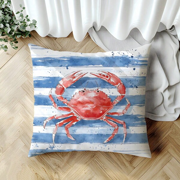 1 Copri Cuscino Decorativo In Velluto Pesca Morbido Con Stampa A Righe Blu E Bianche E Granchi Rossi, Dimensioni 45*45CM, Adatto Per Casa, Camera Da Letto, Soggiorno, Regalo