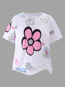 2pcs/Set Tween Girl Casual Short Sleeve Random Floral & Letter Printed Tee With Light Blue Denim Pants, Suitable For Spring, Summer And Autumn - White - View 2