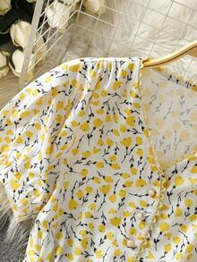 女式花卉印花蕾丝边V领短袖优雅夏装 - 黃色 - 查看 3