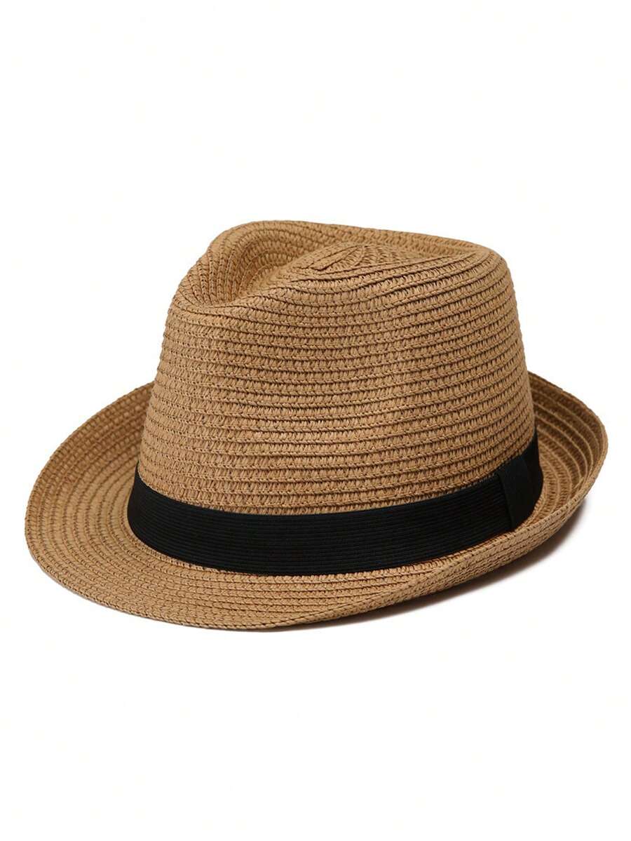 1pc Unisex Kids/Infant Solid Color Straw Hat Child Sun Hat For Daily Wear, Spring/Summer/Autumn - Khaki - View 1