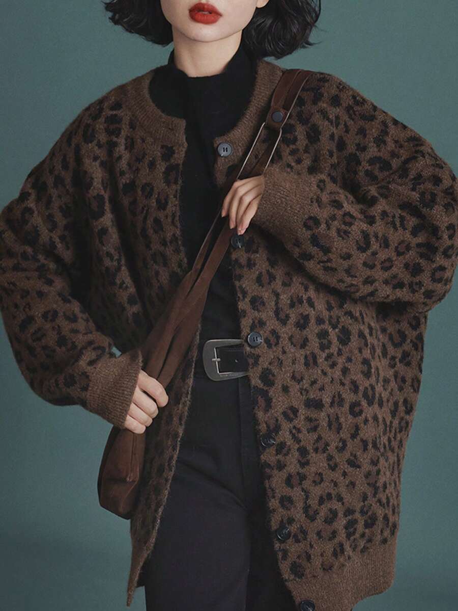 Alicedudu Women's Vintage Leopard Print Crew Neck Cardigan, Autumn/Winter