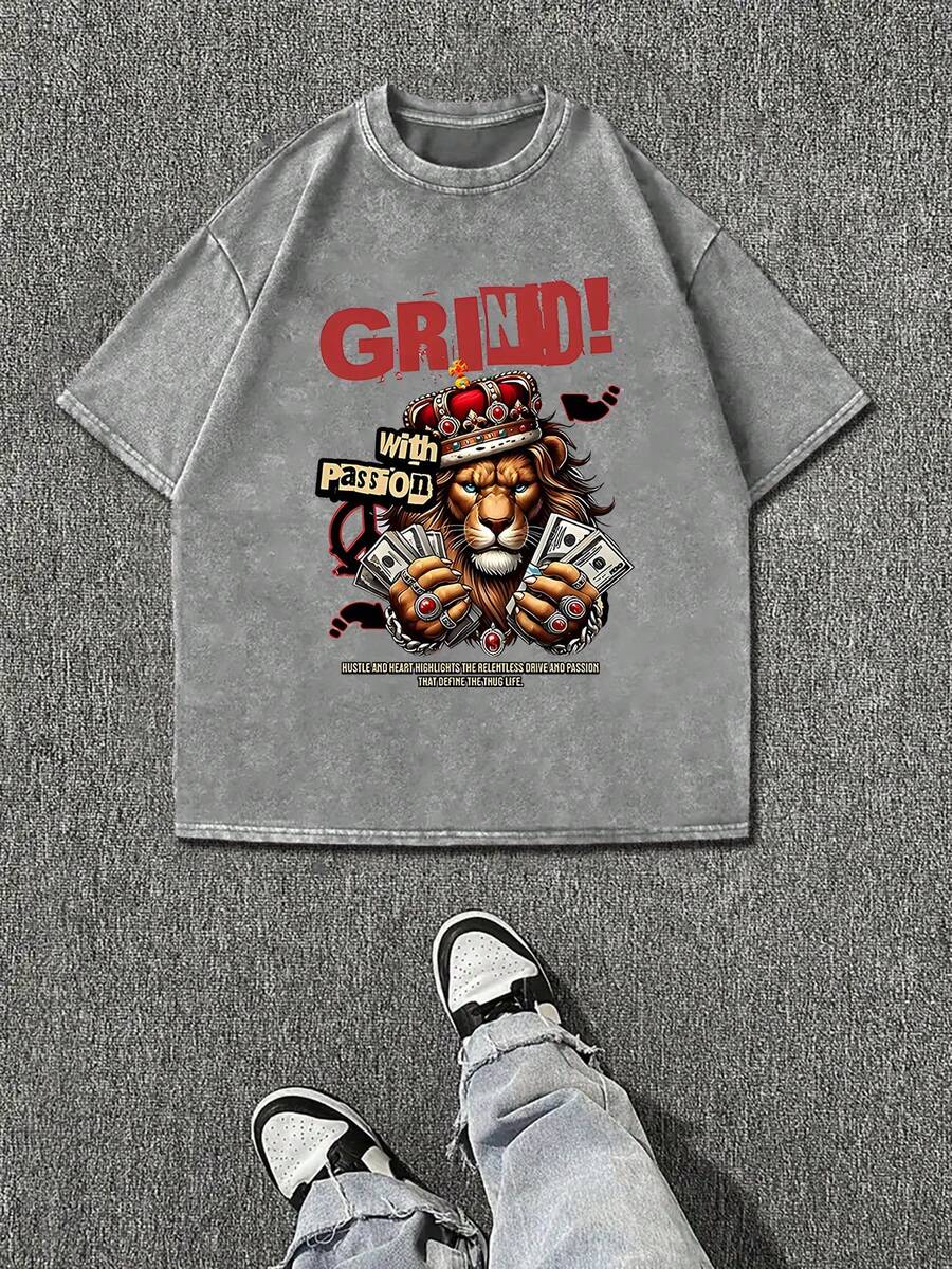 230g Washed, Super Rich King Print T-Shirt, High-Quality Wax Printed Cotton Retro Fashion Brand T-Shirt, Men's T-Shirt, Beach Essential, Summer T-Shirt, Holiday Gift, Perfect Gift - Dark Grey - View 1