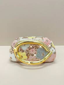 Glamorous Multi-Colored Floral Embroidered Evening Clutch Bag, Elegant Handmade Party Purses And Bags Women With Gold Metal Chain And Exquisite Hardware Handle, Unique Pattern, Prom Accessories, Bridesmaid Gifts, Pink Flowers Straw Bag, Bohemian Handbags For Ladies, Shoulder Crossbody Bags Purse For Party Girls, Bride, College Students, Rookies & White-Collar Workers For Party, Prom, Wedding - Pink - View 10