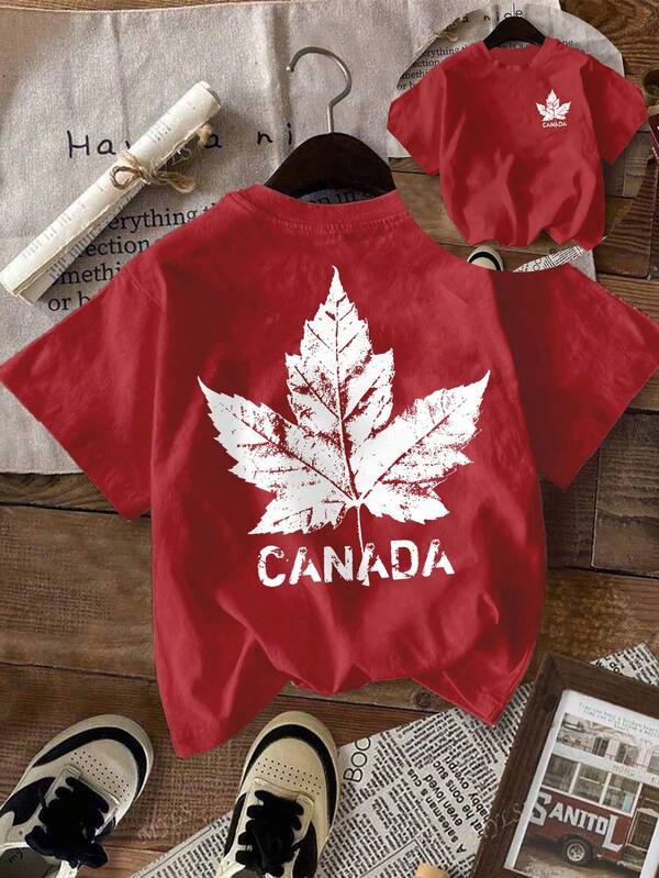 Blusa de manga corta y cuello redondo para mujer, estilo casual de calle con monograma de hoja de arce canadiense en rojo, ideal para viajes y uso diario