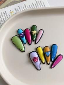 10 piezas de uñas de almendra hechas a mano, con texto personalizado y nombre personalizado, arte de uñas de verano, uñas postizas hermosas, hazlo tú mismo, uñas coloridas con estrellas de dopamina, suministros de uñas reutilizables para niñas y mujeres para bodas, fiestas, vacaciones, regalo de un juego de uñas