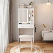 Tocador moderno con espejo LED y espacio de almacenamiento oculto. Incluye taburete acolchado, mueble de tocador con brillo ajustable y estantes antipolvo de varios niveles. Color blanco.