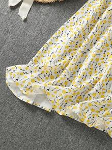 女式花卉印花蕾丝边V领短袖优雅夏装 - 黃色 - 查看 6