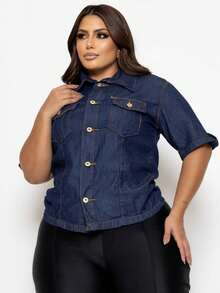 Plus Size Short Sleeve Denim Shirt With Pockets And Buttons - Màu xanh lam - Xem 3