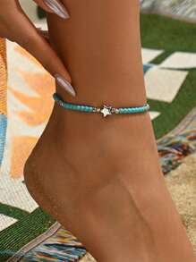 1 pièce Style bohème de plage Bracelet de cheville avec étoile de mer et pierres de turquoise, convient pour le port quotidien des femmes
