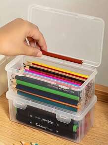 4pcs Oversize Transparent PP Storage Boxes With Lids, Lightweight, Unfinished Surface, Suitable For Office & School Supplies, Pens, Pencils, Markers, Makeup Brushes, Etc.