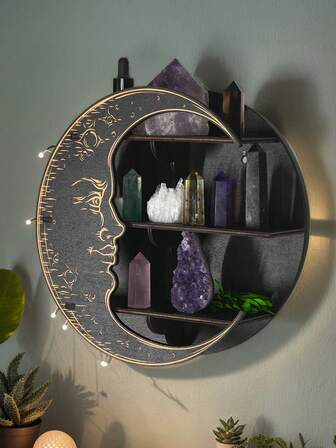 1pc Creative Wooden Moon Shaped Wall Display Shelf, DIY Assembly Floating Shelf/Shelves, Suitable For Living Room, Bedroom, Aromatherapy Candles And Party Decorations