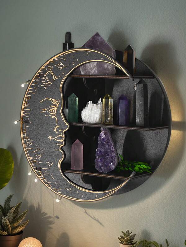 1 peça, 9,96" x 9,96" prateleira de decoração de lua de madeira, decoração de parede com cristal de elementos animais criativos, enfeite de pendurar para artesanato de madeira faça você mesmo, adequado para decoração de parede de Halloween, decoração de casa